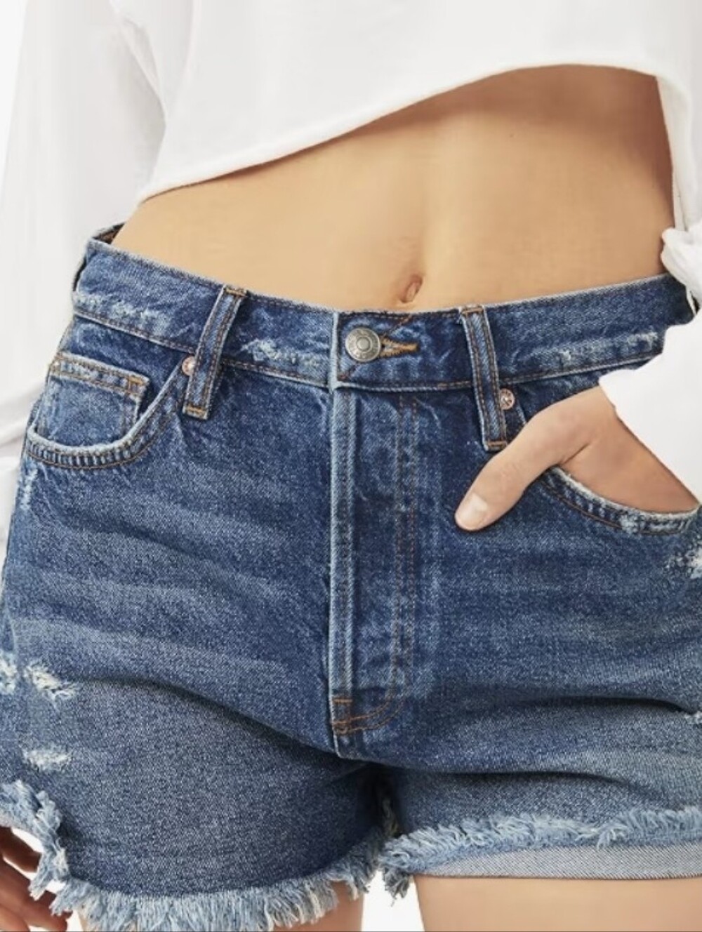 We The Free Lasso Shorts. High-Rise Distressed Denim Shorts - Blue